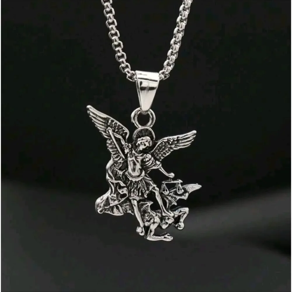 925 Silver Plated Archangel St. Michael Necklace Christmas Birthday Vtg Gift NEW